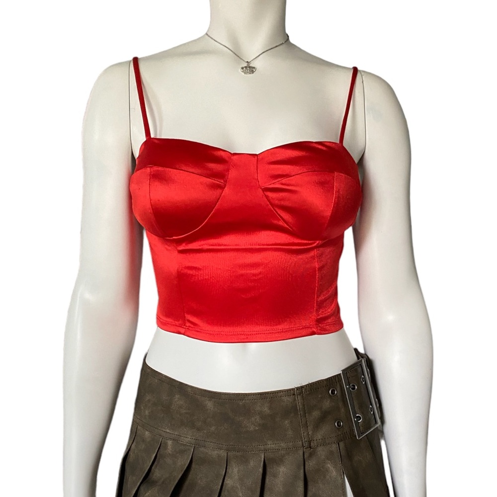Papaya bought from DollsKill | Y2K red faux silk bustier cropped tank top
